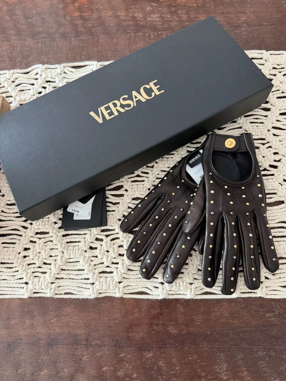 Versace Studded Lambskin Leather Gloves - Black - Size 7 1/2 - New With Tags